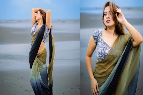 সমুদ্রতীরে শাড়িতে মুগ্ধতা ছড়ালেন দীঘি